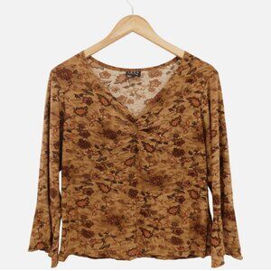 VTG JKLA Brown Flared‎ Sleeves Floral Print Ruched Blouse Size LP Y2K Fairycore